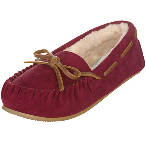 ILLUDE Womenâ€™s Moccasin Slipper Vegan Suede Faux Fur Lined Indoor & Outdoor Moccasins Slip On Loafers Moccasins Shoes (11, Burgundy)