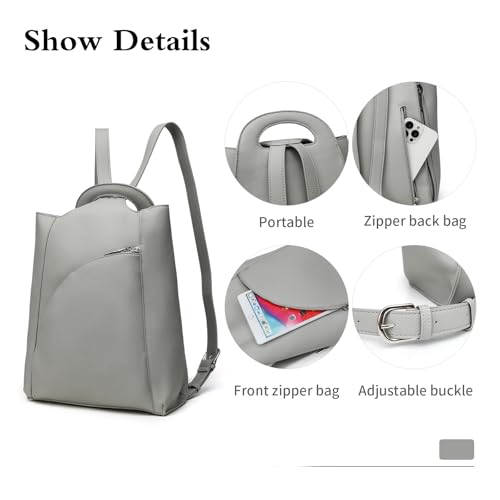 Genuine Leather Backpack for Women - Portable Zipper Back Bag with Front Zipper Pocket & Adjustable Buckle, 13.4" H x 10.7" L x 4" W, BEIGE4