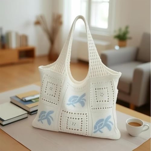 Beach Bags for Women, Woven Bags for Women, Travel Knitted Pack, Turtle Pattern, Seaside Hollow Woven Style, Beige3