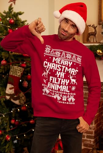 Arvilhill Men's Christmas Sweatshirt Fleece Crewneck Graphic Xmas Reindeer Cotton Pullover Red L3