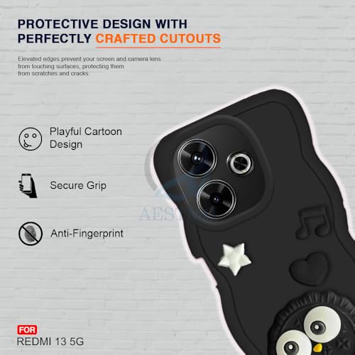 Image of AESTMO Back Case Cover for Redmi 13 5G | 3D Cute Fun Cartoon Characters | Anti Slip Grip Cute Wave Curly Frame Shape | Full Body Protection | Camera Protection Back Cover for Redmi 13 5G (Black)