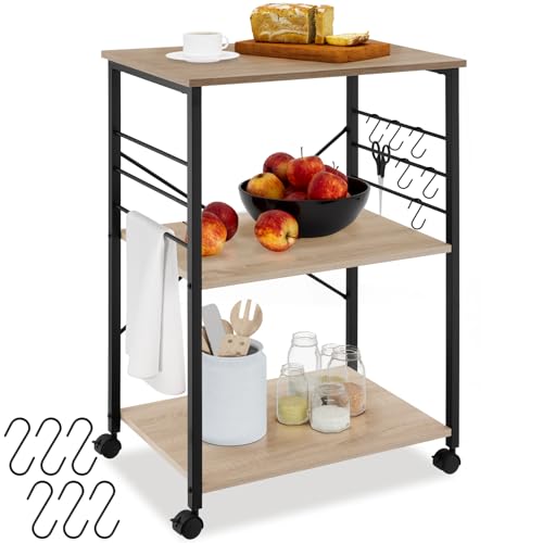 tectake® Desserte à roulettes 65,5 x 45,5 x 88,5 cm, Servante à 3 Niveaux et 6 Crochets pour Accessoires Chariot de Service Desserte de Cuisine roulettes...