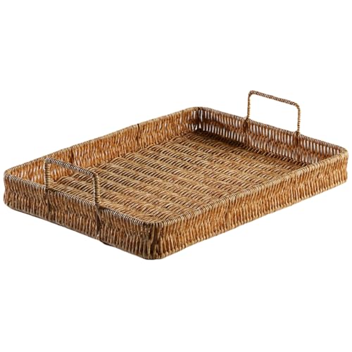 Bandejas de mimbre rectangulares con manijas hechas a mano Bandeja de ratán de plástico Gran capacidad Cesta de almacenamiento de mimbre ideal para mesa de café para el hogar decoración del hogar f