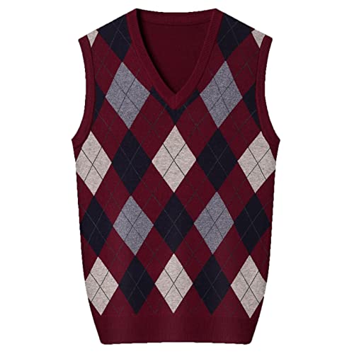 Mens Sleeveless Argyle Vest V-Neck Wool Blend Check Stitching Sweater Vests Casual Fit Contrast Color Block Warm Pullover (Red 2,3X-Large)