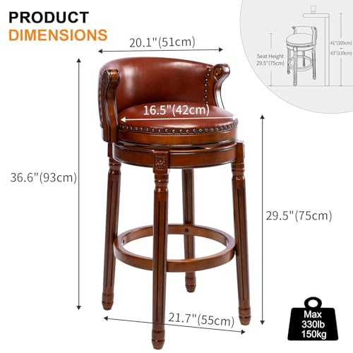 Image of Cow top Leather Wooden Bar Stools, 29.5 inch Bar Height Bar Chair with Back, 180 Degrees Swivel Barstools Chair for Home Kitchen Counter,Dining Room (Dark Blue 2pcs, Bar Height-Seat Height 29.5 inch)