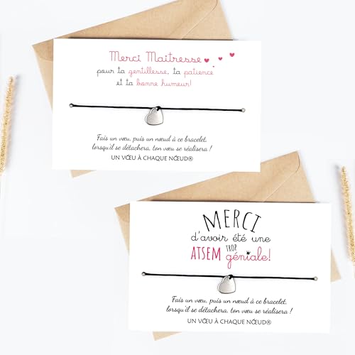 Carte Merci Maîtresse et Atsem avec bracelets porte-bonheur UVACN