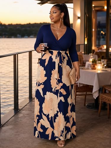 Image of Women's V Neck Floral Maxi Dress 3 /4 Sleeve Plus Size Boho Wrap Flowy Long Dresses with Belt