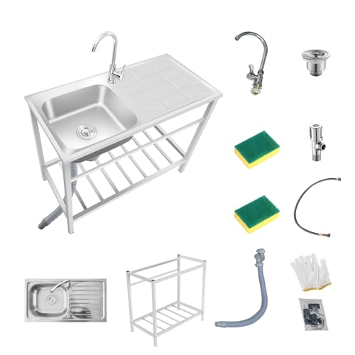 Lavello Da Cucina Commerciale 75cm/83cm/100cm Lavello A Una Vasca In Acciaio Inox Lavamani Con Rubinetto E Spazzola Di Spugna Lavandino Da Giardino Con Banco Di Lavoro E Ripiani Per Garage Ristorante