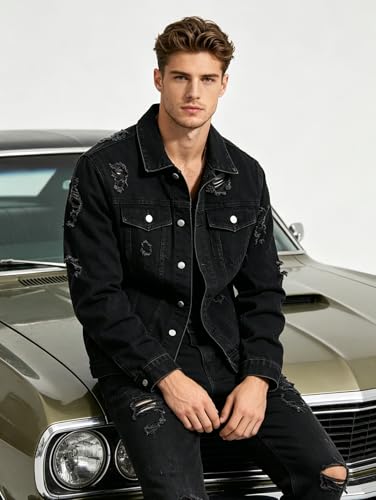 Image of Men's Denim Jacket Patchwork Fringe Jacket Slim Jean Jacket Streetwear Coat