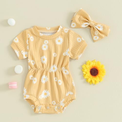 Hnyenmcko Newborn Baby Girl Romper Daisy Short Sleeve Bodysuit Floral Jumpsuit with Headband Infant Summer Clothes 0-18M2
