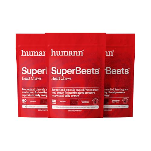 Humann SuperBeets Heart Chews, Nitric Oxide and Blood Pressure Support, Grape Seed Extract & Non-GMO Beet Root Powder Energy, Pomegranate Berry Flavor, 180 Count