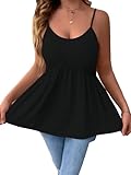BEAUDRM Women's Solid Scoop Neck Spaghetti Strap Flared Cami Top Casual Ruffle Hem Sleeveless Loose Fit Tank Top Camisole Black Large