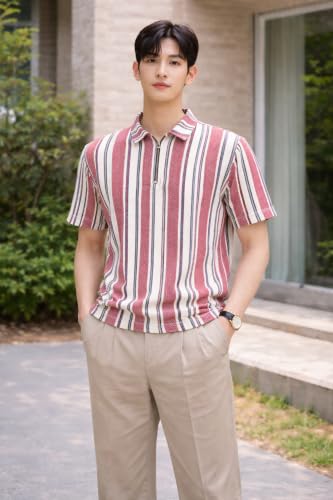 Image of London Hills Men's Loose Fit Half Sleeve Vertical Striped Polo T-Shirt with Zip Collar | Premium Polyester Fabric | T Shirt for Man | Tshirt | Shirts Men | Tshirt for Man | Men T-Shirts