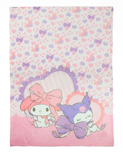 Northwest Sanrio Hello Kitty and Friends Throw Blanket Fleece My Melody and Kuromi Sleepover Bows and Hearts 46X60