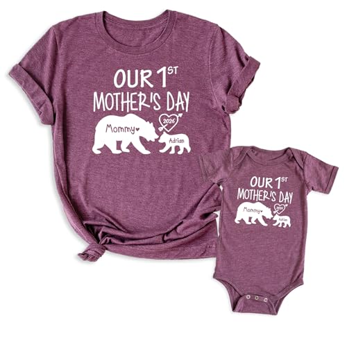 Our 1st Mother's Day Shirt, Mommy and Me Shirts, Matching First Mother's Day Outfits, Customizable with Names and Date, Baby Bodysuit and Mom Shirt Set, Mothers Day Gift Idea, Pack of 2