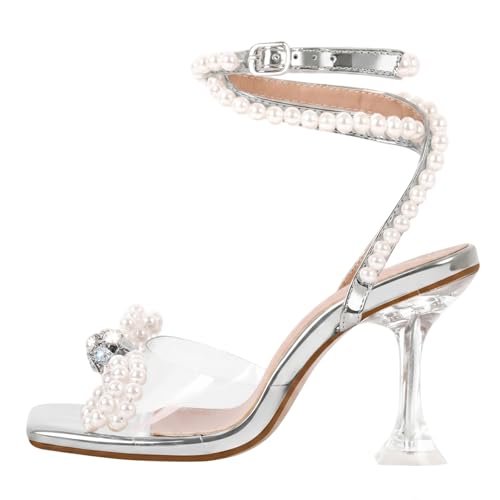 Image of Yolkomo Women's Square Toe Clear Heels Sexy Rhinestone Bow Heels Open Toe Ankle Strap Stiletto High Heel Sandals