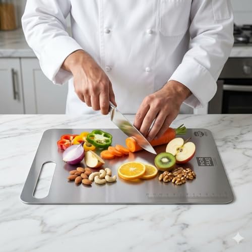 Image of Porslin by Chef Stainless Steel Chopping Board, Chopping Board Steel Vegetable Cutting Board Steel for Kitchen Use SS Chopper Board, Metal Cutter Board Medium 33 X 23cm Premium Heavy Duty Rust-Free