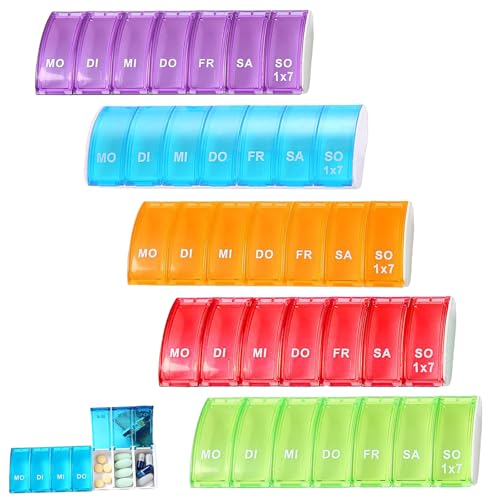 5 Stück Tablettenbox 7 Tage, Klein Pillenbox Fächer, Wiederverwendbare Pillendose, Mini Organiser Regenbogen,Tablettenteiler Woche für Unterwegs Aufbewahrung ﻿ (5)