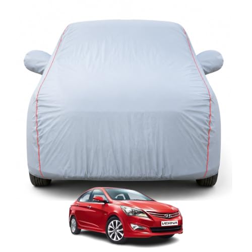 Image of Premium Car Cover for Hyundai's Fluidic Verna 2011-2016 Models | Waterproof, UV & Dust Protection | Mirror & Antenna Pocket | Triple Stitched, Soft Inner Lining, Belt & Buckle (Dark Grey)