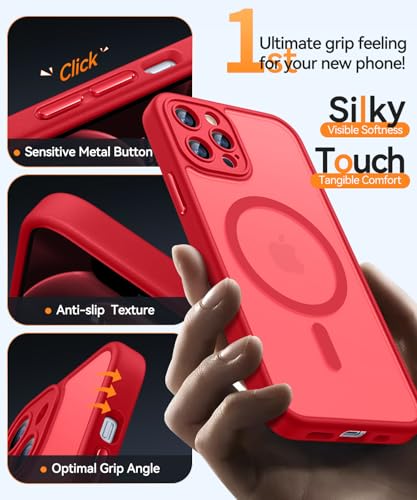 Image of CANSHN Magnetic Compatible with iPhone 12 Pro Case, Upgraded [Full Camera Protection] [Compatible with Magsafe] [Translucent Matte] Shockproof Protective Phone Cover 6.1 Inch - Red