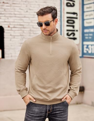 COOFANDY Mens Quarter Zip Pullover Casual Long Sleeve Quilted Sweatshirt Mock Neck Polo Sweater with Pocket2