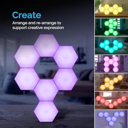 Image of Emberela HEXlights Sensory Lights for Teens - 7pk Touch Hexagon Lights, Remote Controlled - Autism-Friendly Tap Tap Wall LED Panels for Sensory Room - Table Stand Included