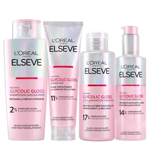 L'Oréal Paris Elvive Glycolic Gloss Après-Shampooing 150ml + Shampoing 200ml + Sérum Sans Rinçage 150ml + Traitement de Laminage 5 Minutes 200ml pour Cheveux Ternes et Poreux - 4 Flacons