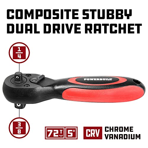Image of Powerbuilt Stubby 3 /8 Inch and 1 /2 Inch Drive Composite Ratchet Handle, Reversible Socket Ratchet Wrench, 72 Tooth, Offset Comfort Handle - 940481