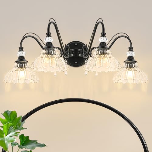 Image of Black Bathroom Vanity Light, 4-Light Matte Black Finish Farmhouse Wall Sconce with Hanging Crystal Accents and Flower-Shaped Clear Glass Shades, Retro Wall Mount Vanity Light Over Mirror for Bathroom