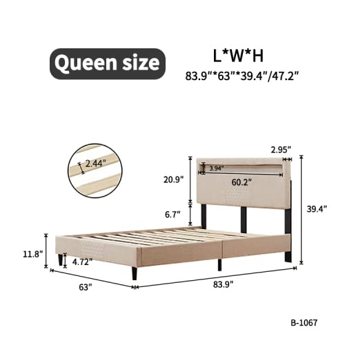 Anwick Queen Bed Frame With Headboard, Modern Platform Bed With Led Lights And Adjustable Upholstered Headboard And Strong Wooden Slats, No Box Spring Needed, Noise-Free #TOP1