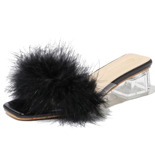 Women's Square Toe Heeled Sandals Low Block Chunky Heels Clear Mules Fluffy Feather Slip on Wedding Bridal Party Dress Shoes