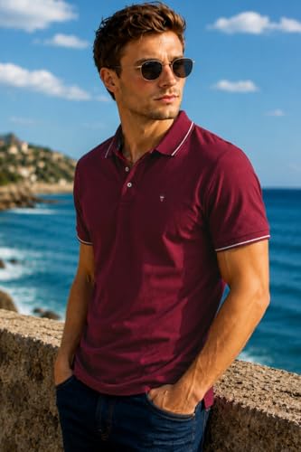 Image of Louis Philippe Men's Slim Fit Single-Tuck Pique Stylized Sleeve Print and Contrast Tipping Half Sleeve Solid Polo Tshirt