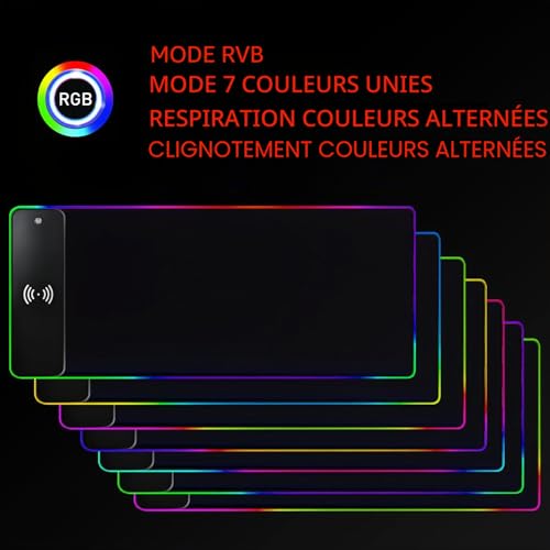 Qumox Tapis de Souris XXL RGB avec Chargeur sans Fil 15W – 10 Modes LED, Surface Lisse, Base Antidérapante, 800×300×4 mm – pour Bureau, PC, Gaming – vue 3
