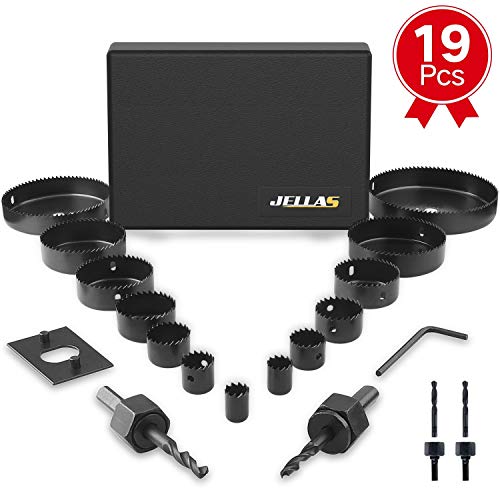 Lochsäge, JELLAS 19-Teiliges 19-127mm Lochbohrer Set (Einschließlich 25 und 35mm), 2 Dorne, 1 Montageplatte, 1 Inbusschlüssel, langlebig für präzise Löcher in Weichholz,Holz,PVC-Platte und Kunststoff