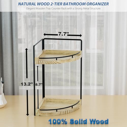 Image of Corner Bathroom Counter Organizer, 2 Tier Wood Vanity Storage, Waterproof Skincare Shelf for Kitchen & Toiletries Decor, Dresser (Rustic-2 Tier)
