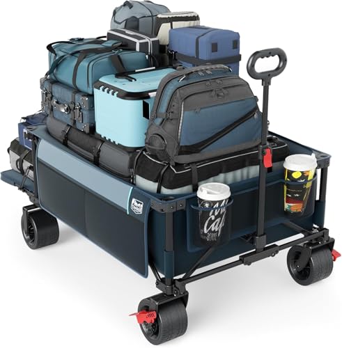 Image of Timber Ridge 600L Beast Wagon 26 inch W Extra Wide Folding w /Big Wheels Cart | Cargo Net & Tailgate, 500lbs Heavy Duty All Terrain 55.25 inch L Collapsible Portable Carts for Camping, Sports, Dogs, Blue