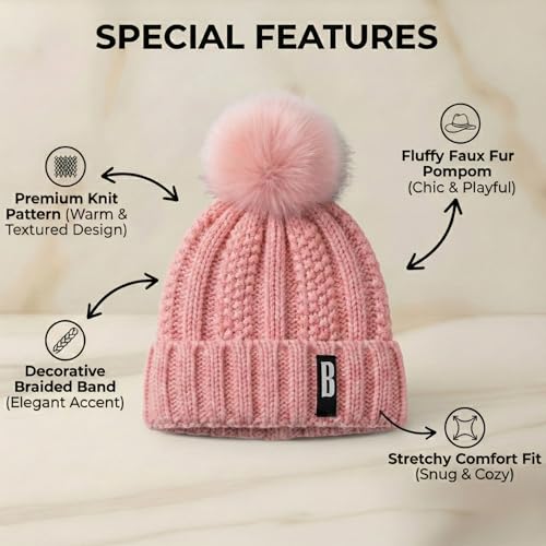 Image of Kraptick Women's Winter Cap - Knit Beanie with Soft Fleece Lining Hat, Stylish Pom Pom Thick Woollen Skull Cap, Warm Hat for Ladies & Girls -3