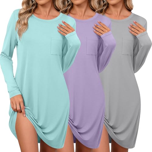 Neer-3-Pack-Womens-Long-Sleeve-Night-Dress-Soft-Comfy-Nightgowns-with-Chest-Pocket-Sleep-Dresses-T-Shirts-Basic-Nightshirts