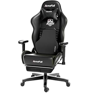AutoFull Gaming-Stuhl, ergonomisch, Gamer-Stuhl, PU-Leder, Bürostuhl, Sitzhöhe und Neigung der Rückenlehne verstellbar, Kopfstütze und Lendenwirbelstütze, Fußstütze, Schwarz