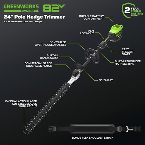 Image of Greenworks 82V 24 inch Brushless Cordless Short Pole Hedge Trimmer, 2.5Ah Battery and Dual Port Rapid Charger (Great for Landscapers and Professionals)