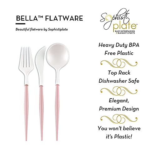Sophistiplate Bella Flatware Cutlery Set For 12 | Fork, Spoons & Knives Silverware Utensil Set | Reusable Dinnerware Sets Plastic & Top Rack Dishwasher Safe | White Flatware With Blush Handles36 Count #TOP2