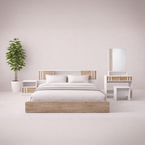 Danube Home Kentorp 160X200 Queen Bed+1 Nightstand+Dresser/Mirror & Stool| Comfortable Bedset | Sturdy Modern Design Wooden Bedroom Set - White/Sonoma Oak