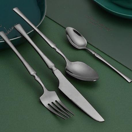 Image of aDai Matte Black Silverware Set | Satin Finish 4-Piece Korean Vintage Style Flatware Set | Dishwasher Safe Stainless Steel Cutlery for Home, Restaurant & Gifting