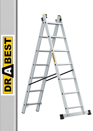 DRABEST Pro Aluminium-Leiter - Stark und langlebig - Verzinkte Haken - EN-131 Standard - Ergonomische Konstruktion - 2-Element - 2x7 Sprossen 150 kg Belastbarkeit - 46 x 300 x 10,5 cm