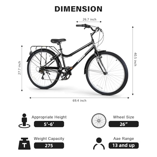 Weize Beach Cruiser Bike, 26 Inch Commuter Bicycle For Adult Men And Women, 7-Speed/High-Carbon Steel/Front & Rear Fenders, Comfortable City Bikes With Rear Rack thumb #1