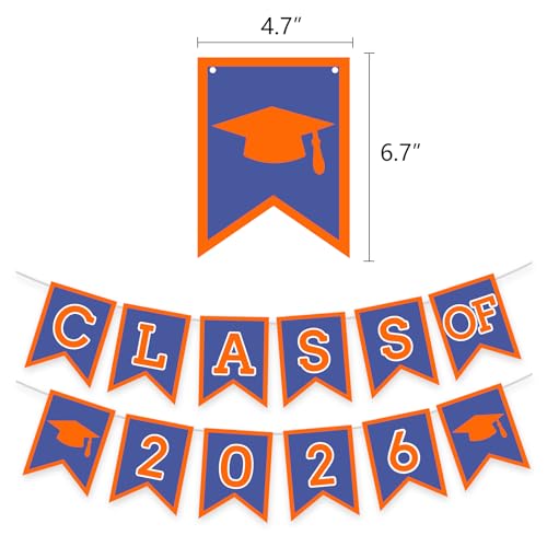 Image of Blue Graduation Orange Party Decoration Class Banner Hanging Pom Poms Flowers High School College Grad Supplies