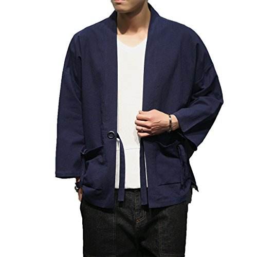 Men\'s Cotton Blends Linen Open Front Cardigan Embroidery Kimono Jackets