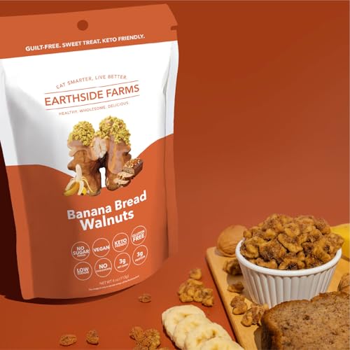 Image of Earthside Farms Banana Bread Walnuts Snack Packs, No Sugar Added Keto Friendly Nuts, Vegan Gluten Free Non GMO Plant Protein Treat, 4oz Resealable Snack Bags, 10 Count