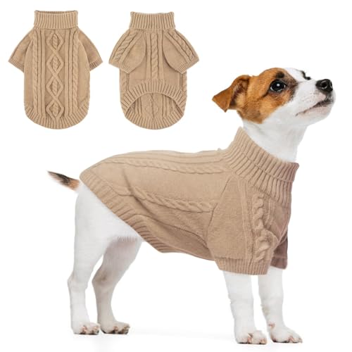 Image of BEAUTYZOO Dog Sweaters for Small Dogs, Knit Clothes with Harness Hole | Turtleneck Pullover Fall Winter Knitwear, Fuzzy Fleece Cold Weather Coat for Girl Boy Puppy, Warm Pet Sweatshirt, Beige S