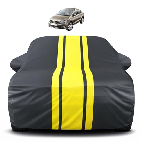 Image of Auto Hub Car Cover Compatible with Volkswagen Vento with Mirror Pocket, Soft Cotton Lining, Vento Car Cover Waterproof - Yellow-Black